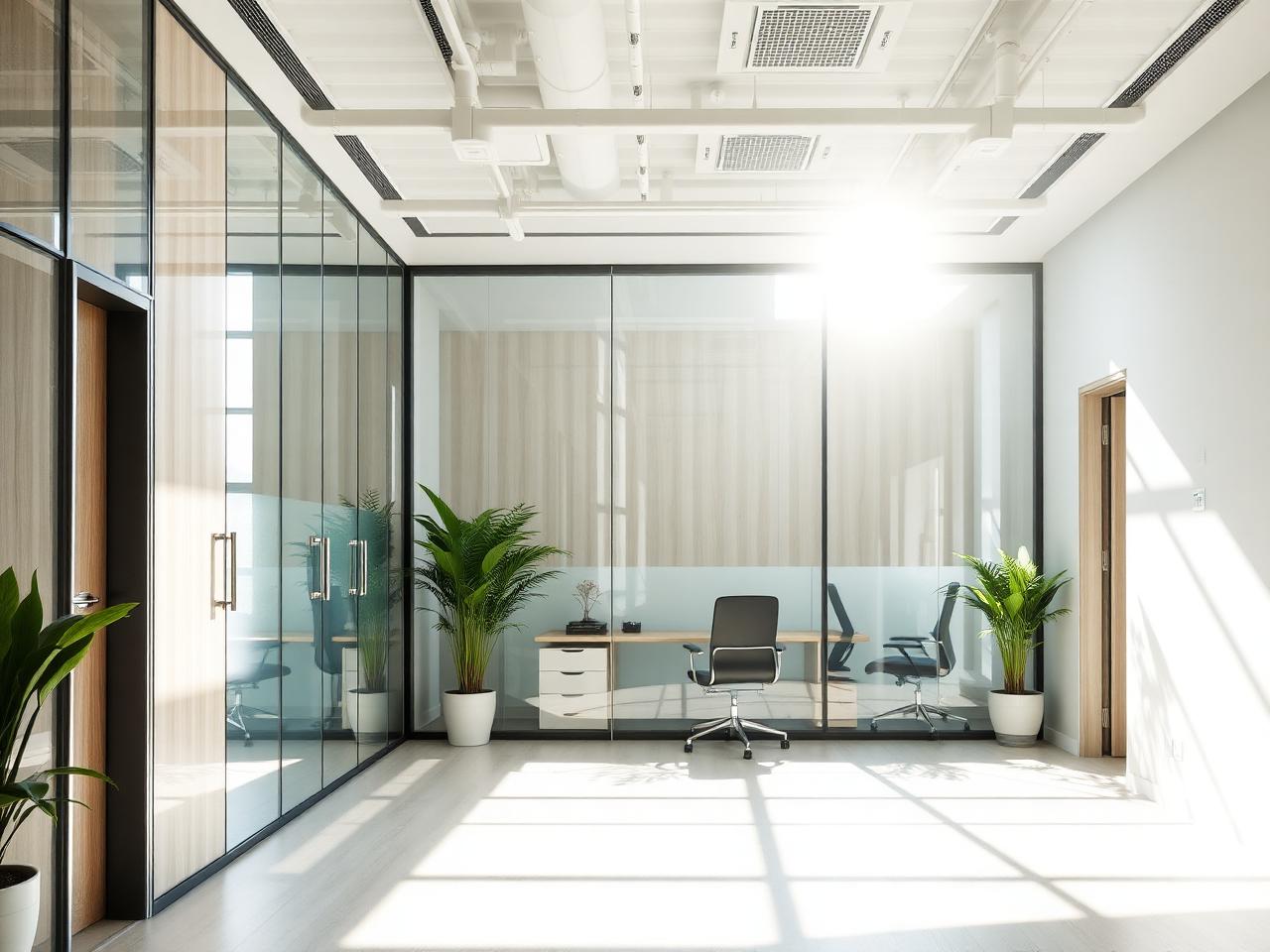 Sunlit modern office interior with glass partitions